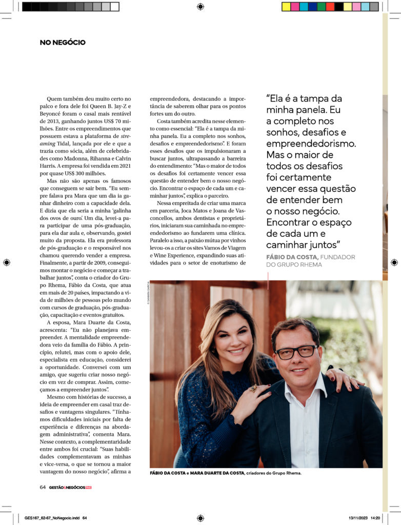 Sócios-fundadores e casados, Mara Duarte da Costa e Fábio da Costa concederam entrevista para a revista Gestão & Negócios.