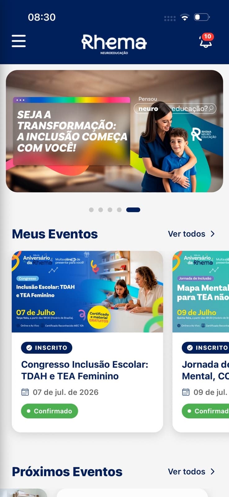 Tela inicial do app da Rhema Neuroeducação com o banner “Seja a transformação” e a agenda de eventos da professora.