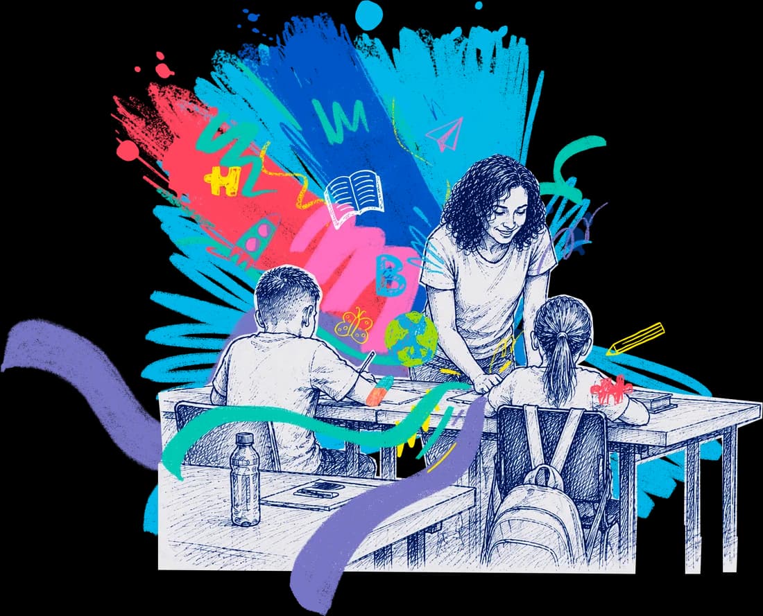 Ilustração de uma professora atendendo duas crianças na carteira, desenhada a caneta azul sobre traços coloridos de giz