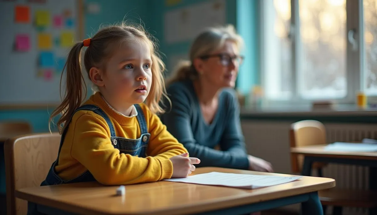 imagem de uma criança que está tentando falar e comunicar algo mas não consefgue, ela é da educação infantil está uma sala de aula tentando falar e uma professora olhando
