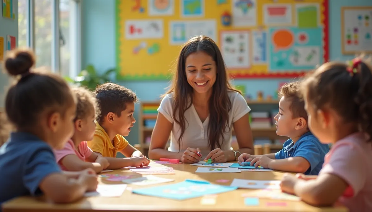 professora e alunos da educação infantil na sala de aula aprendendo as letras do alfabeto