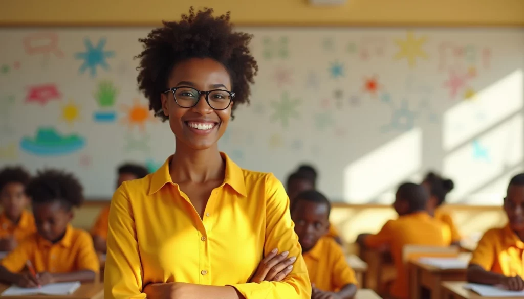 crie a imagem de uma professora pedagoga feliz em ambiente escolar e lousa branca
